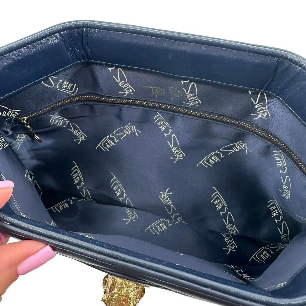 Ruth Saltz Clutch Handbag Vintage Leather Navy Blue Lion Classic Evening Purse